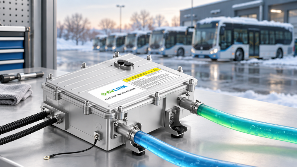 Illustration of an EVLINK high-voltage coolant heater with electric buses at a cold-weather depot