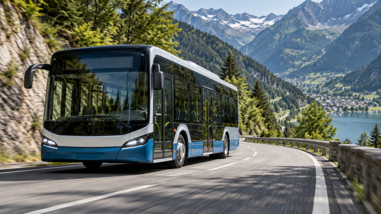 Conceptual electric bus descending a winding mountain road, illustrating a braking duty-cycle application.