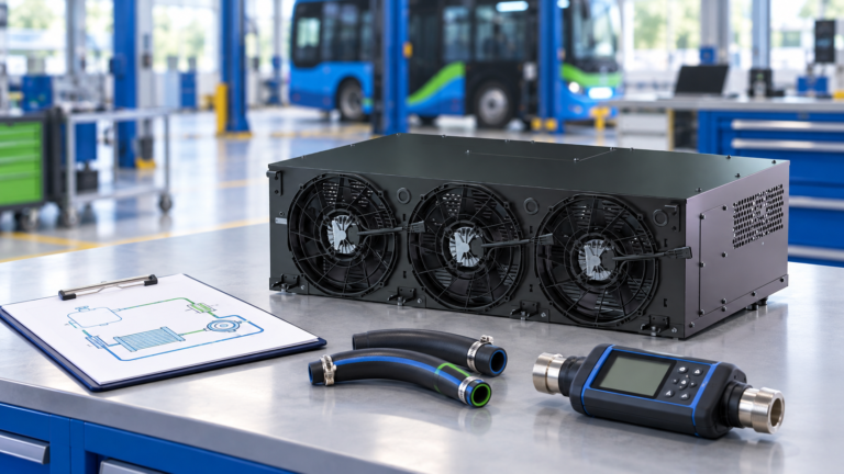 EVLINK three-fan BTMS with a coolant-loop drawing, separate hose samples and a flow instrument in an illustrative engineering workspace
