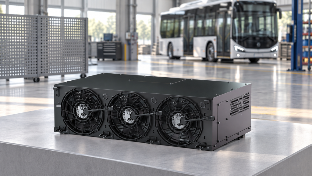 Three-fan EVLINK BTMS unit in an illustrated bus-workshop airflow-review setting