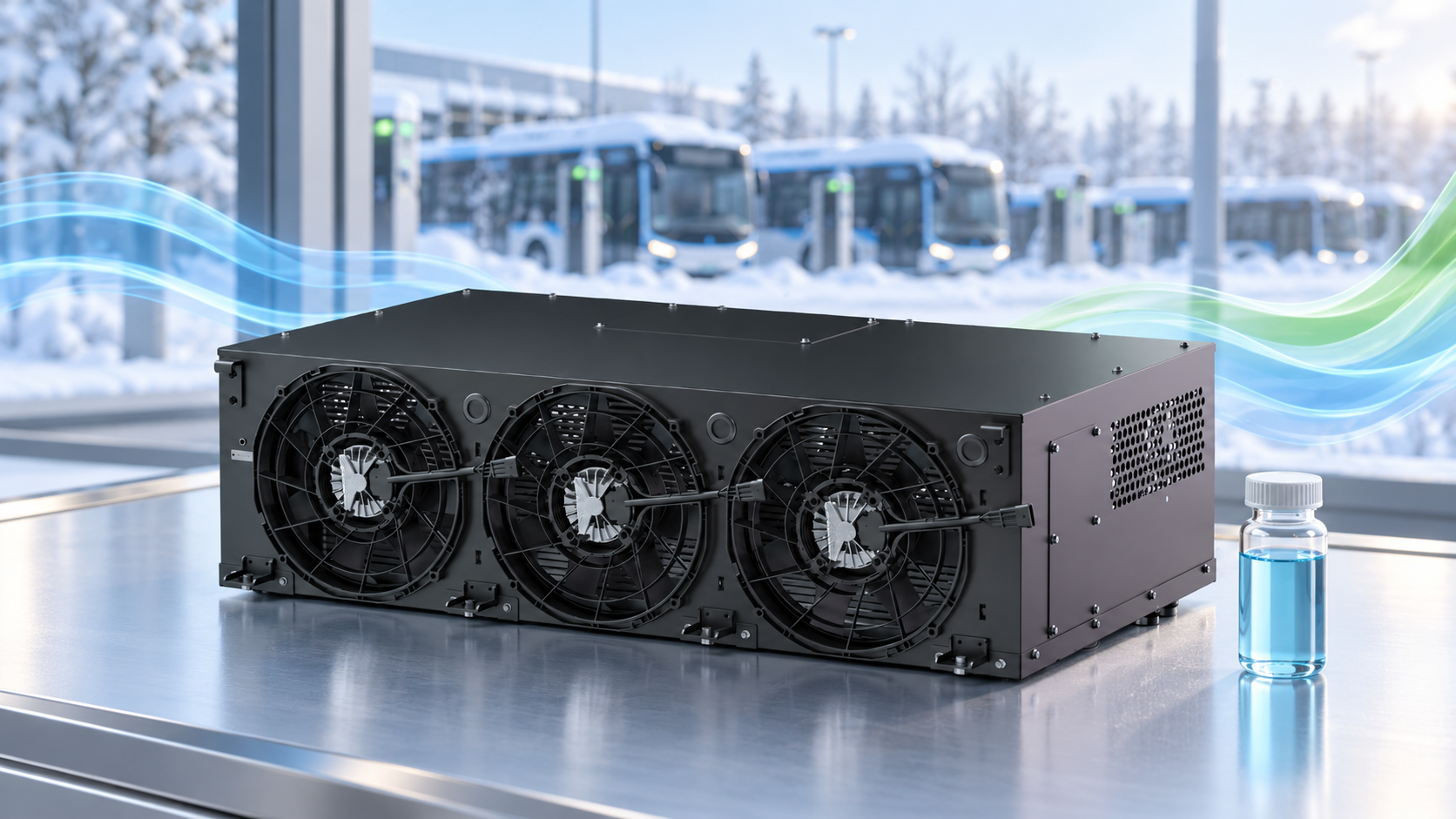 EVLINK BTMS product with coolant sample and winter bus-depot background