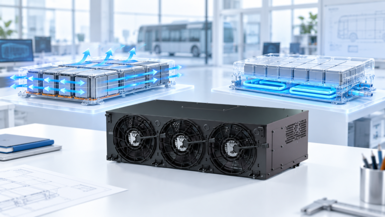 EVLINK three-fan battery chiller beside conceptual direct-air and liquid-cooled battery pack illustrations.