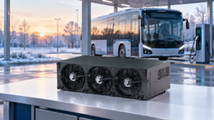 EVLINK three-fan BTMS chiller displayed in front of an electric bus at a cold-weather depot charging bay.
