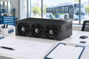 EVLINK three-fan BTMS unit beside circuit drawings and a quotation review checklist in an illustrative engineering setting.