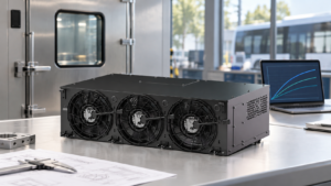 EVLINK three-fan BTMS in an illustrative capacity-rating review workspace beside a closed chamber and an abstract curve