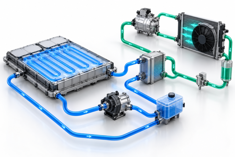 BTMS refrigerant circuit and battery coolant loop engineering diagram