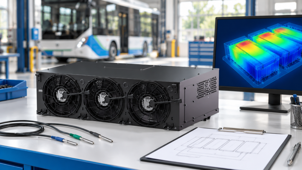 EVLINK three-fan BTMS unit with unconnected temperature probes, a circuit sketch and qualitative battery temperature map in an illustrative engineering workspace