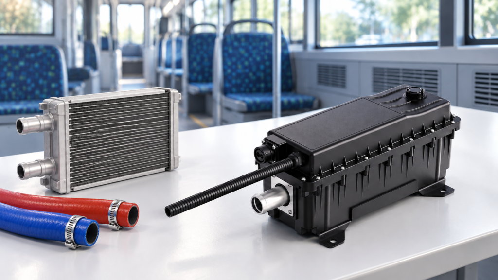 EVLINK black coolant heater with a separate heater core and hose samples, with bus seats in the background