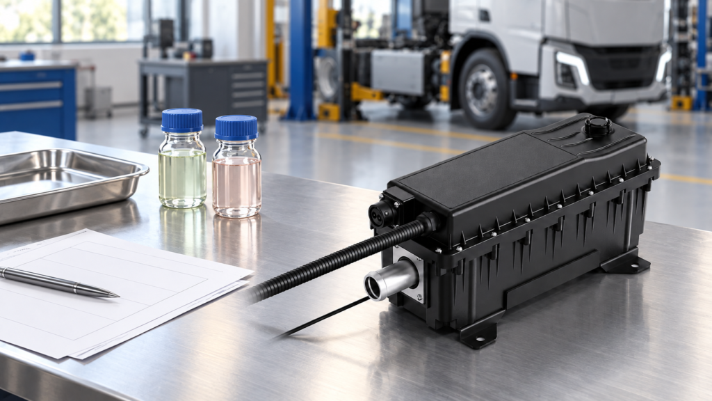 EVLINK black coolant heater beside closed fluid-sample bottles in an illustrative compatibility-review workspace