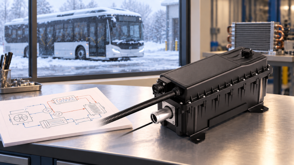 EVLINK coolant heater in an illustrative winter-bus heating-planning workspace with an unconnected system sketch