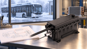 EVLINK coolant heater in an illustrative winter-bus heating-planning workspace with an unconnected system sketch