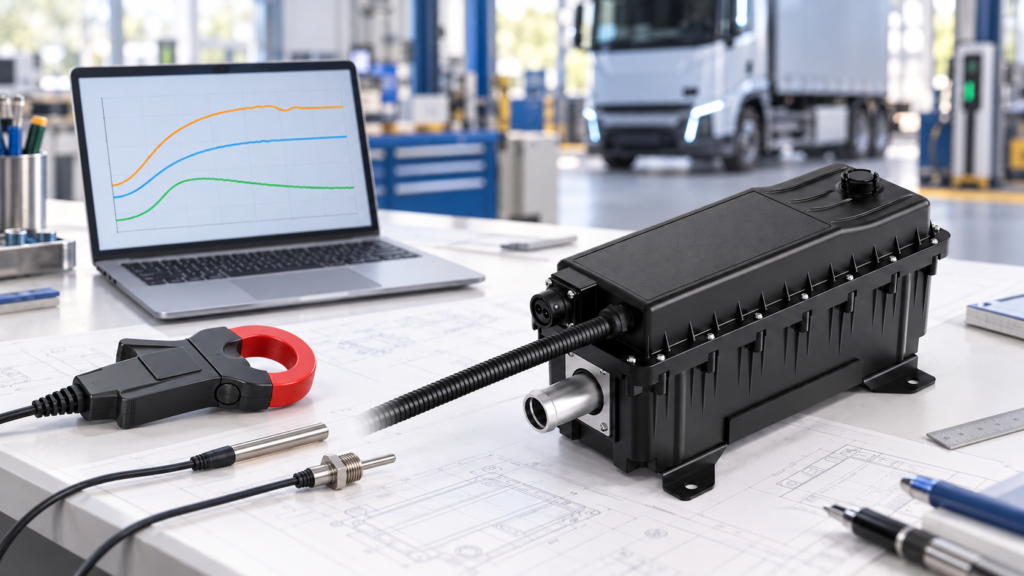 EVLINK black coolant heater beside unconnected current and temperature probes and qualitative laptop traces in an illustrative power-verification planning scene