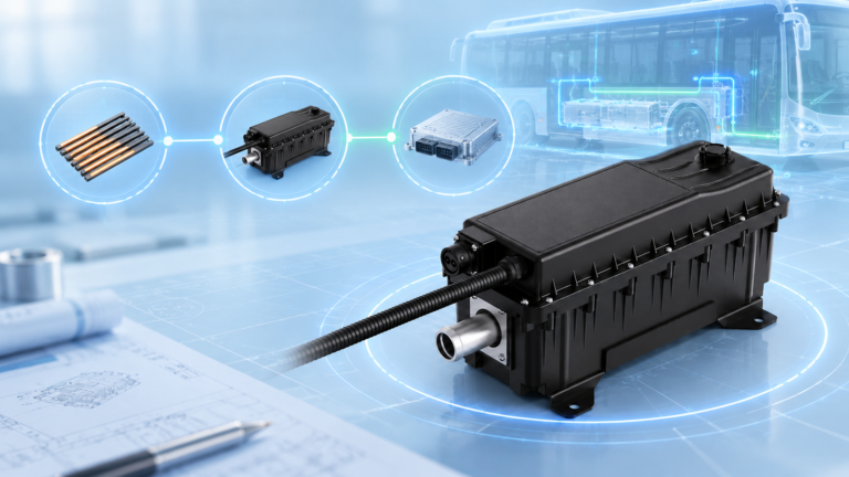 Concept illustration of an EVLINK coolant heater with heating element, assembly and vehicle control layers.