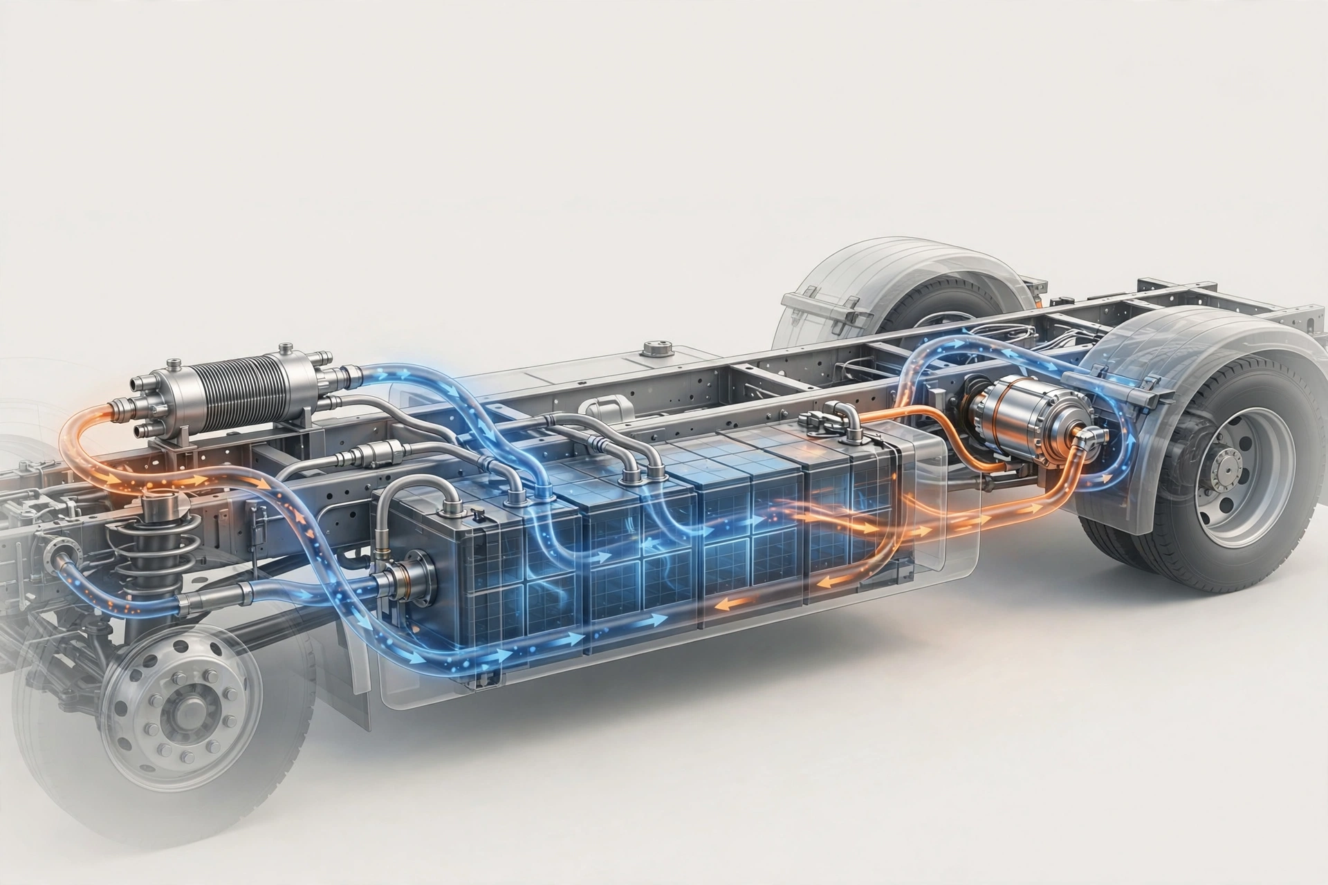 Cutaway of electric truck chassis showing liquid-cooled braking resistor in the coolant loop