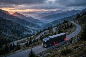 Electric heavy truck descending a long mountain grade at dusk