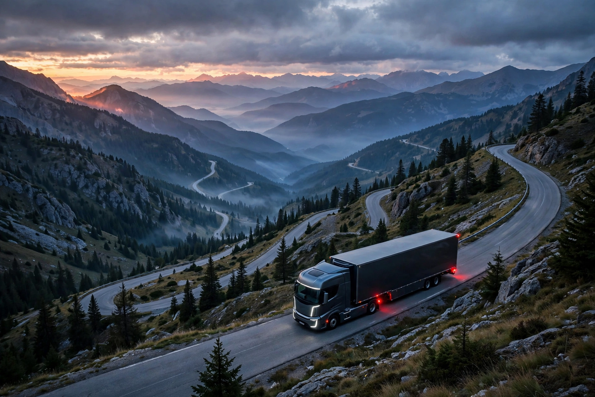 Electric heavy truck descending a long mountain grade at dusk
