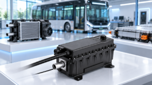 EVLINK coolant heater in a conceptual engineering display with separate battery and cabin heating components.