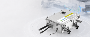 EVLINK Q3-series coolant heater product visual showing the housing, coolant ports and electrical cable interfaces.