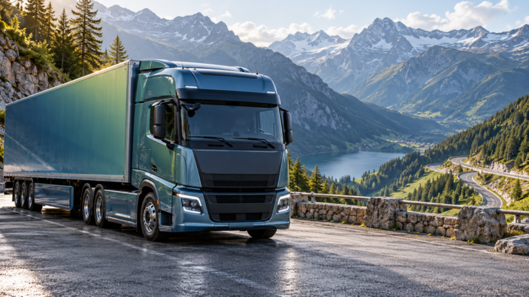 Conceptual electric truck at a mountain pass before a downhill route.