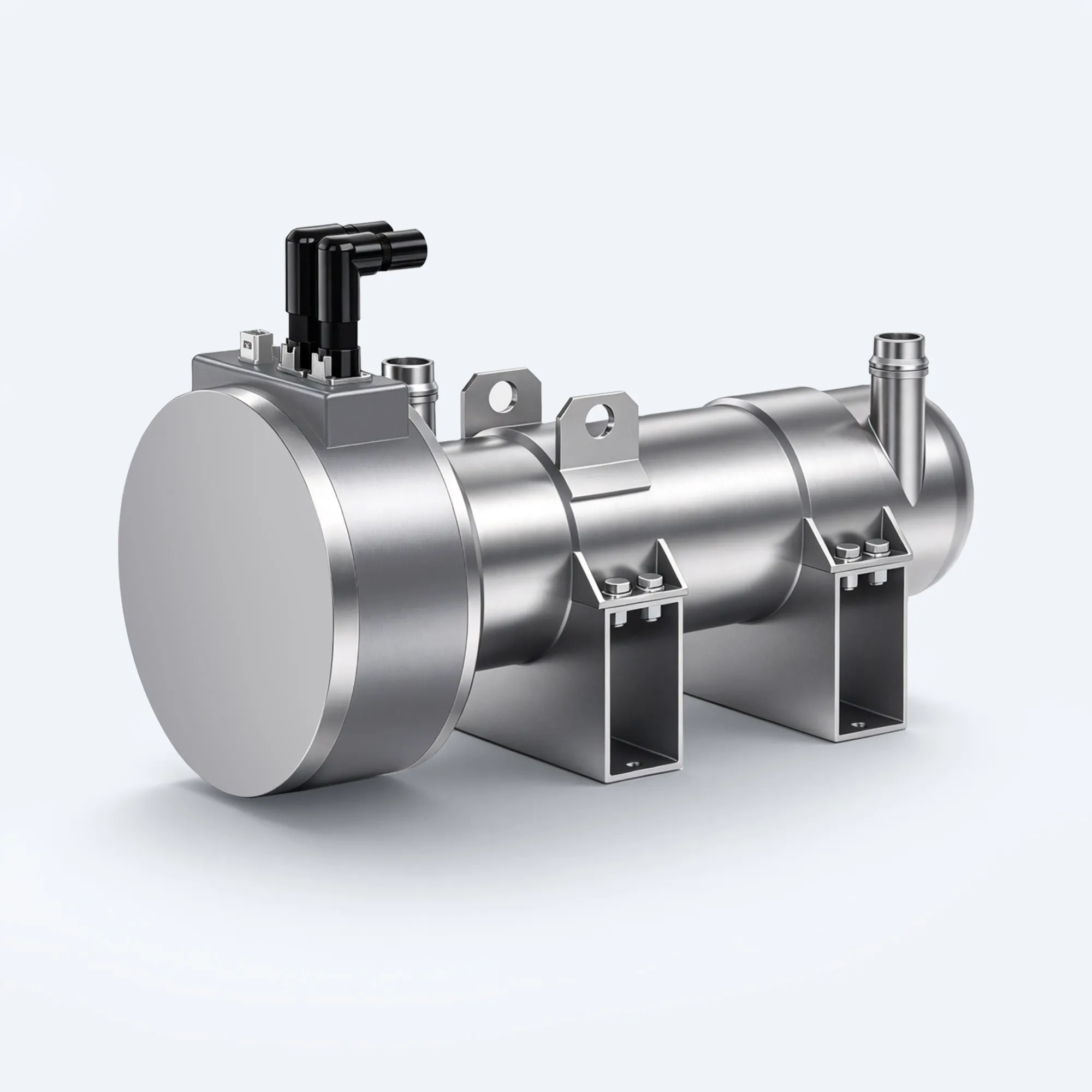 EVLINK liquid-cooled braking resistor concept rendering with cylindrical silver enclosure, mounting brackets and coolant ports